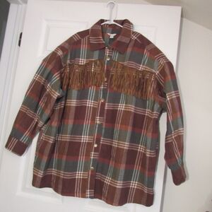 Cato Women Brown Plaid Snap Button Top, Western Style Blouse w/Fringes Sz 18-20W